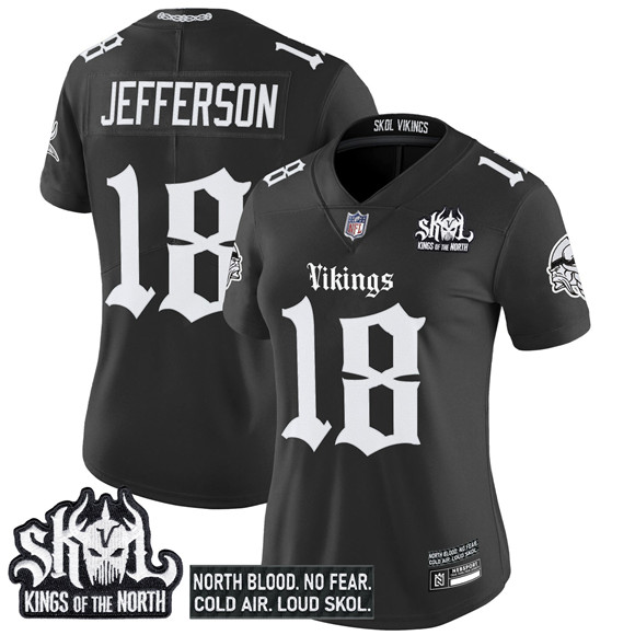 Women's Minnesota Vikings #18 Justin Jefferson Black 2025 Kings of the North Patch 'Gothic Norseblood Edition' Vapor Untouchable Limited Stitched Football Jersey(Run Small)